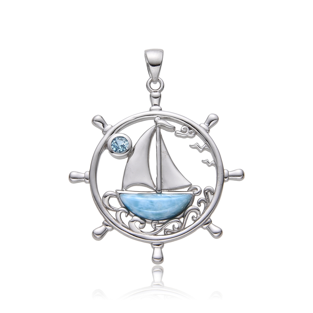 Pendentif Larimar, roue de gouvernail, 3,9cm, rhodié