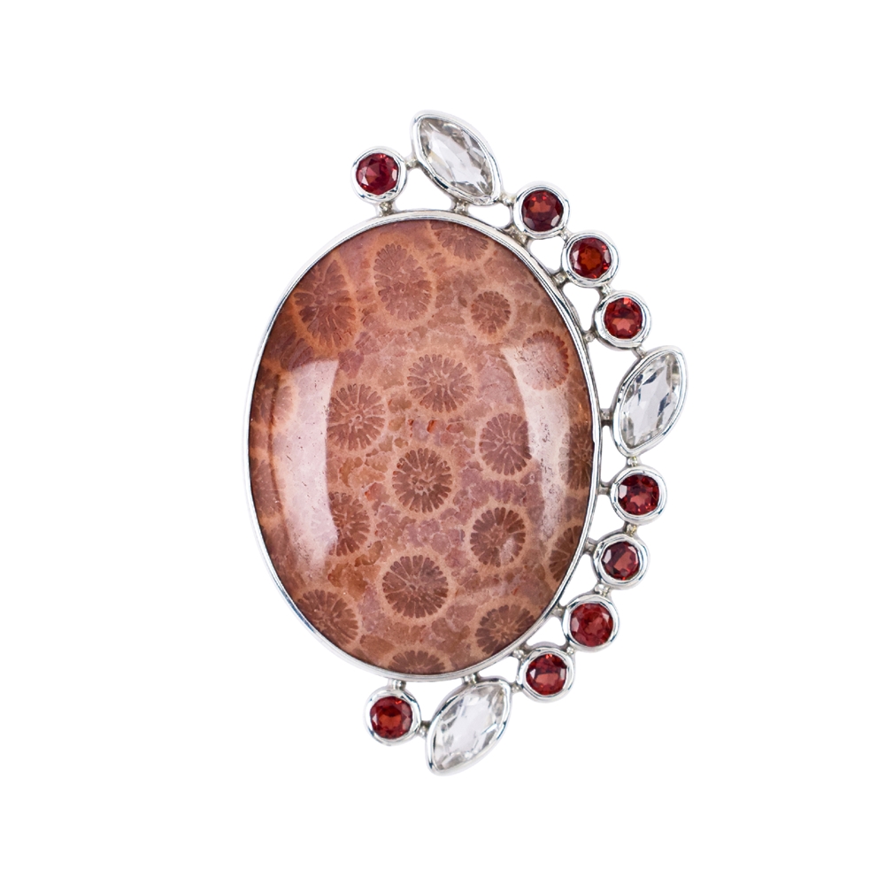 Petrified Coral pendant (30 x 21mm), garnet, topaz, 4.3cm, platinum plated