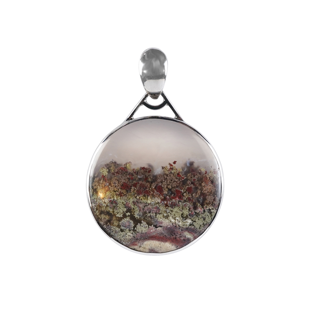 Moss Agate pendant (red-brown), round (30mm), 4.2cm, platinum plated