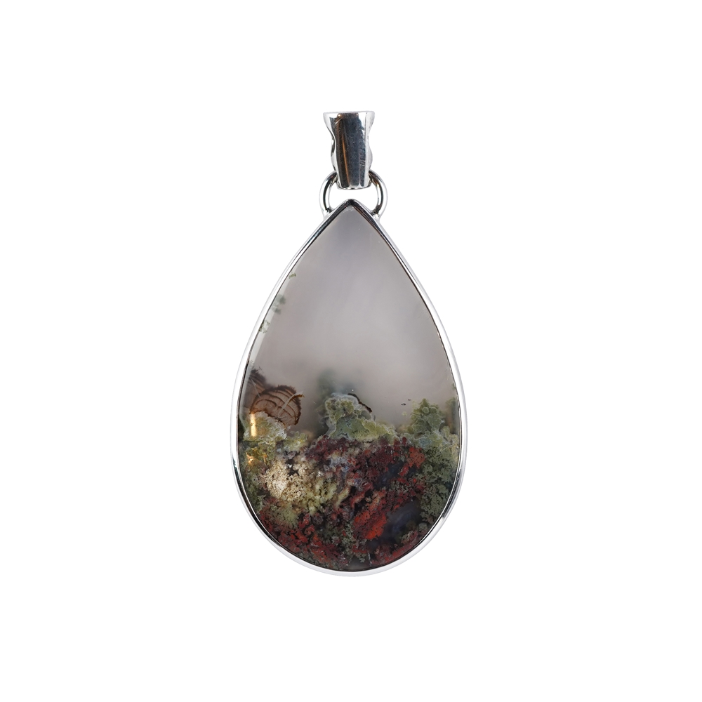 Pendant Moss Agate (brown-red), drop (40x 25mm), 5.0m, platinized