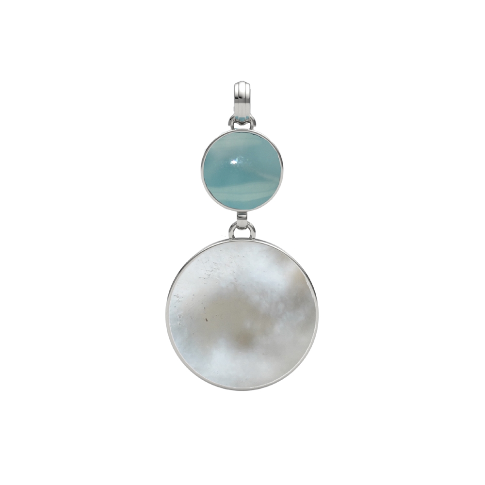 Anhänger Larimar rund (10mm), Perlmutt weiß (20mm), 4,2cm, platiniert