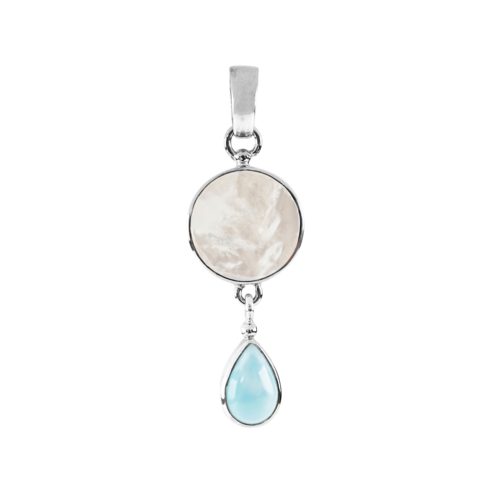 Mother of Pearl pendant round (12mm), Larimar drop (9 x 6mm), 3,7cm, platinum plated