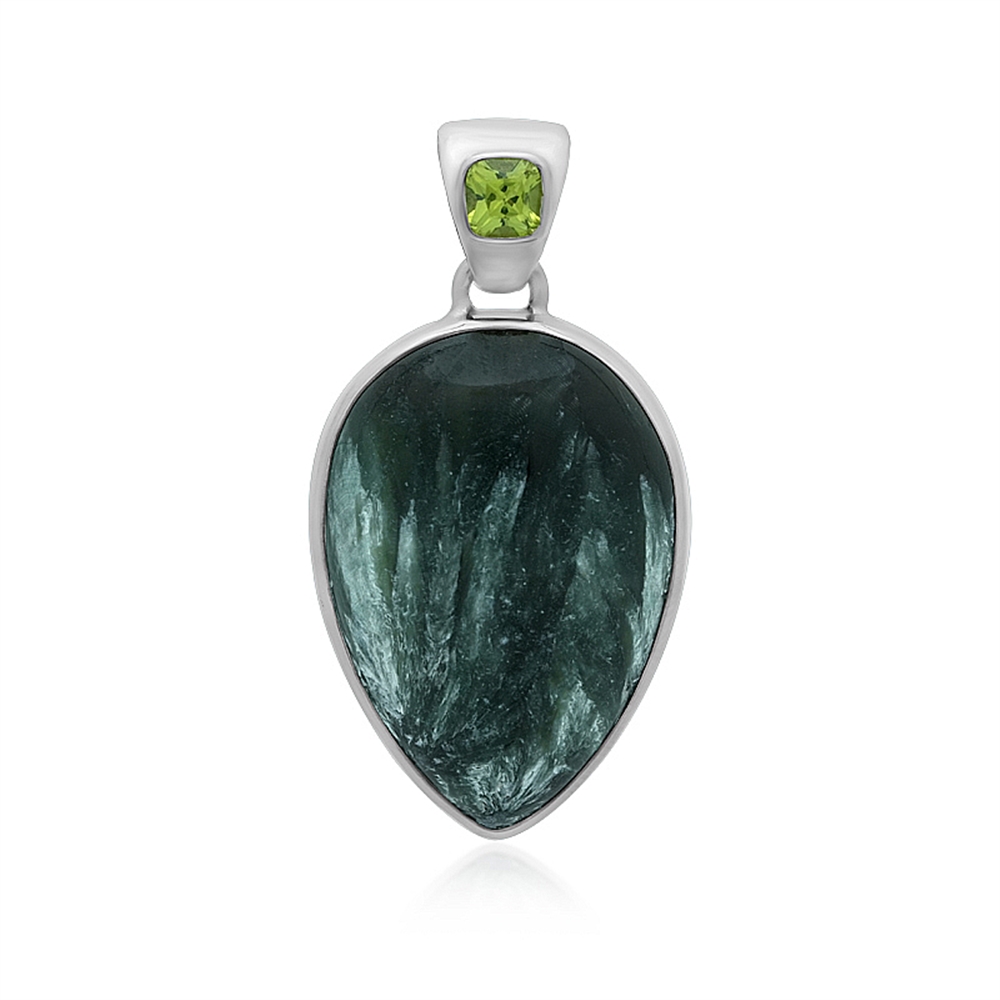 242023230172 Serafinite drop pendant (24 x 18mm), Peridote, 3.4cm, platinum plated