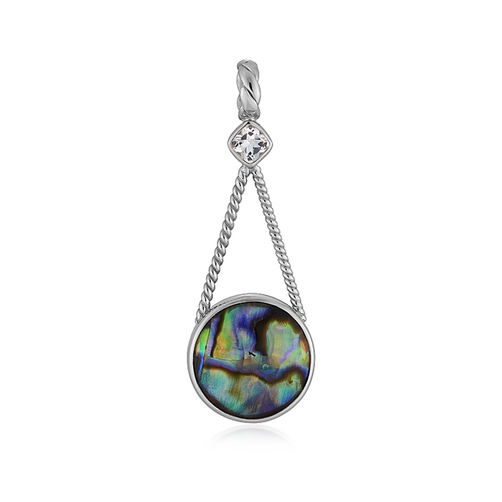 Paua shell pendant, round (14.5mm), 4.0cm, platinum plated