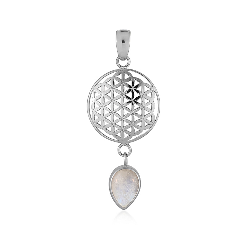 Flower of Life pendant, Labrodorite (white) (14 x 10mm), 5.2cm, platinum plated