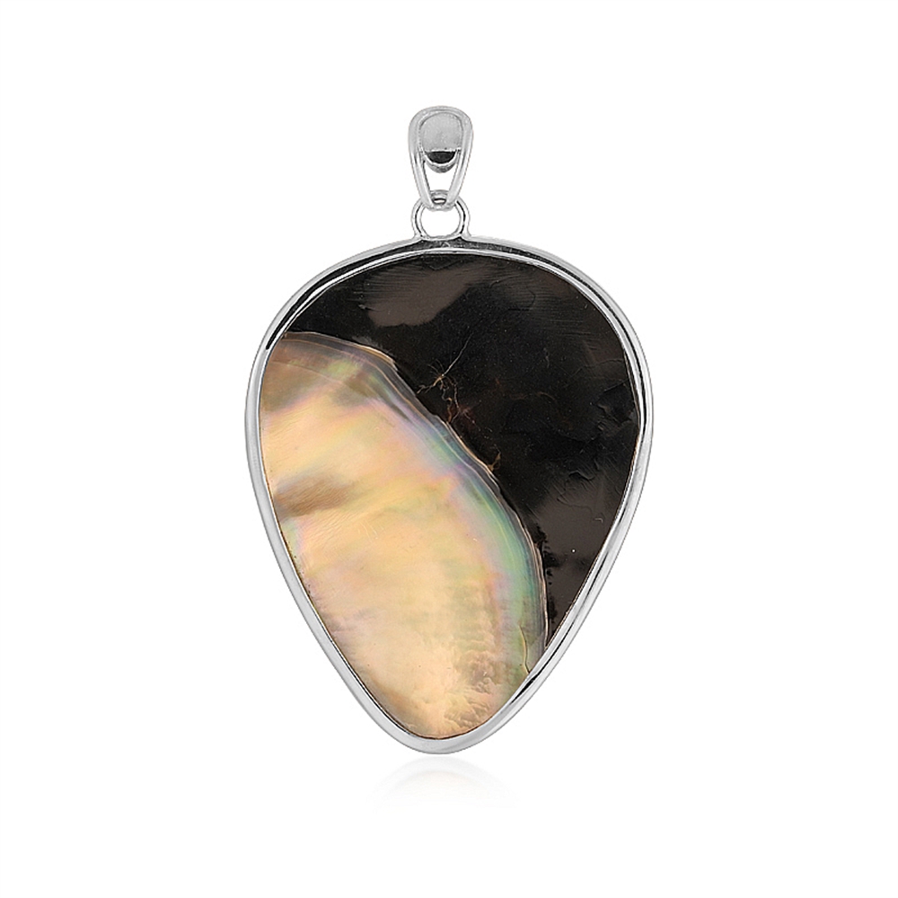 Mother of Pearl (light / dark) drop pendant (46 x 35mm), 5.7cm, platinum plated