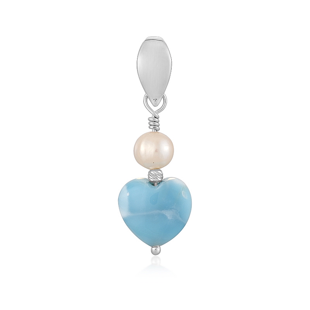 Larimar pendant, heart (12 x 12mm) with pearl, 3.6cm, platinum plated