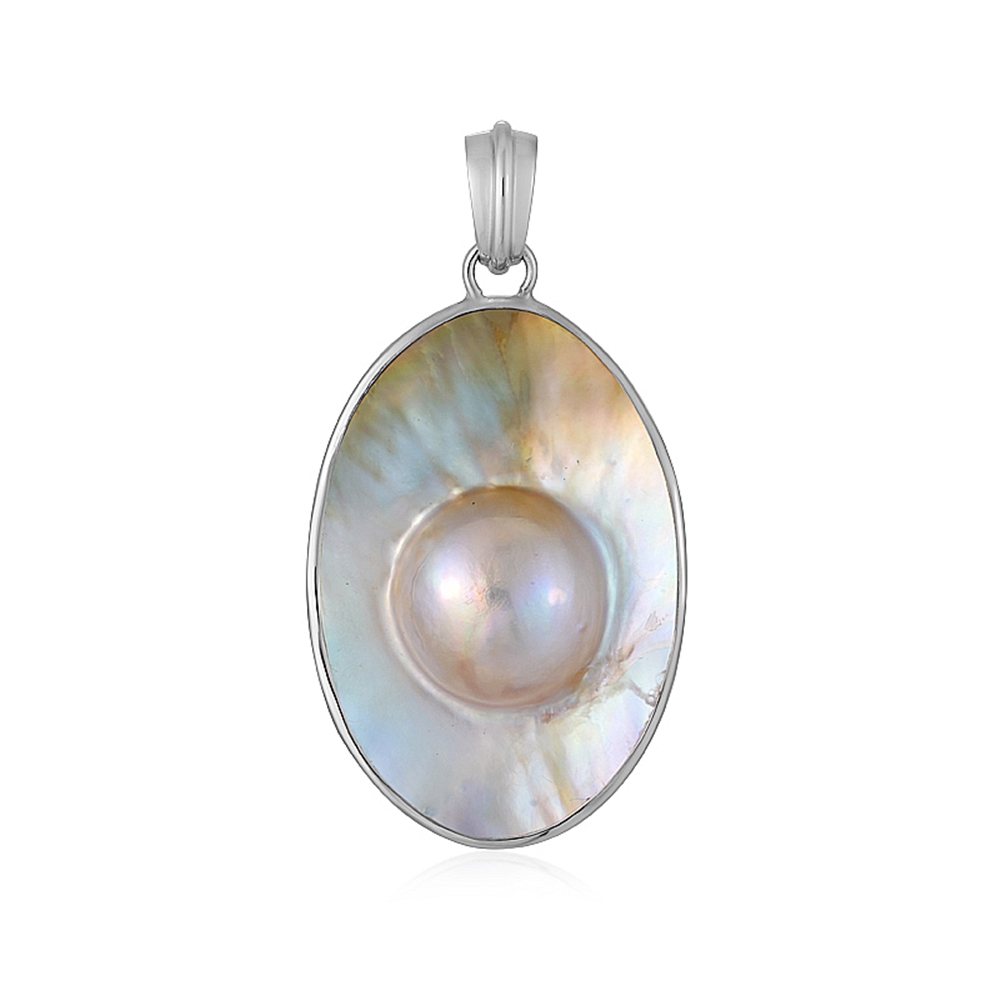 Mabé pearl pendant, oval (40 x 20mm), 5.2cm, platinum plated