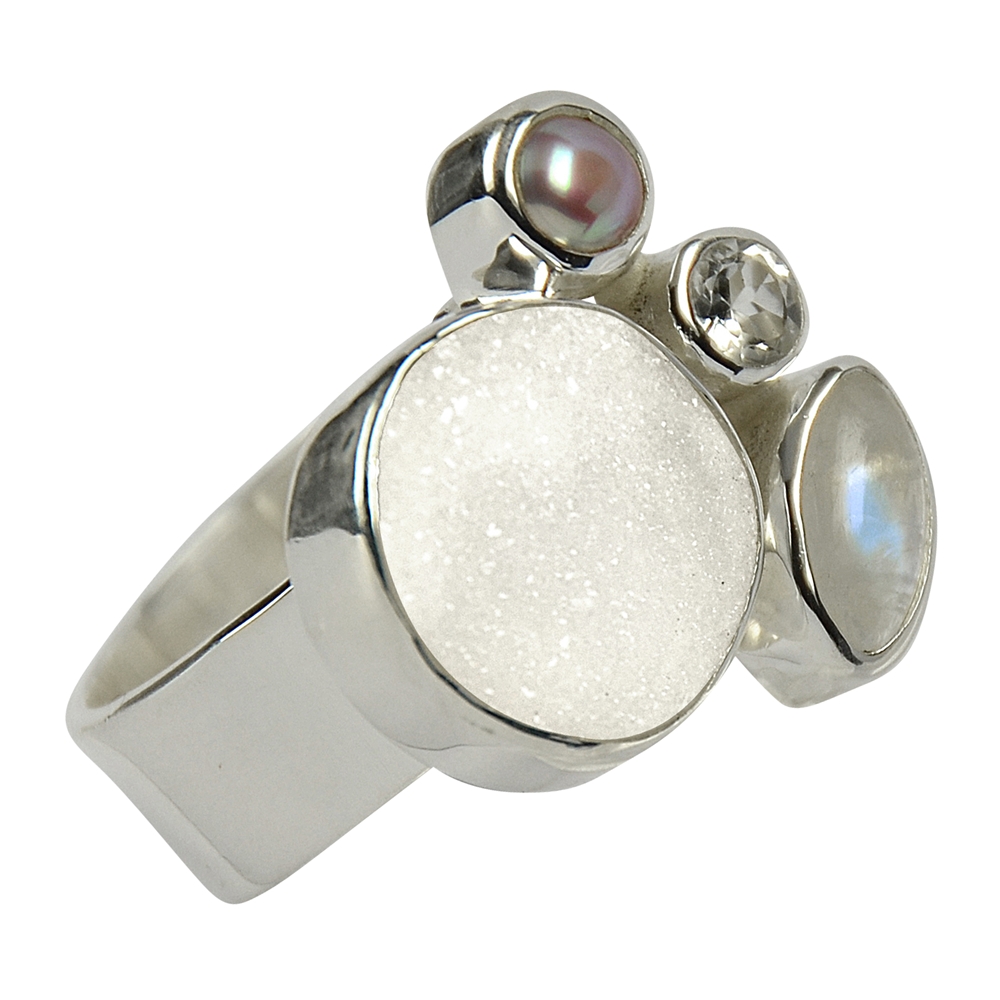 Ring Agate-Druzy, Topaz, Labrodorite (white), Pearl (set), Size 61