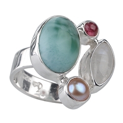 243005150284 Bague Larimar, perle, tourmaline rouge, labradorite (blanche), taille 53 | Marco Schreier