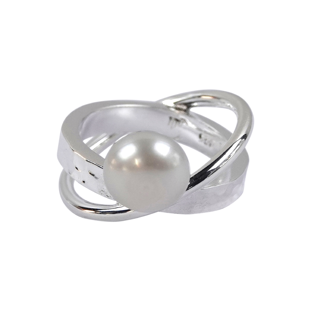Anello con perla bianca (10 mm), misura 53, gambo a doppio anello