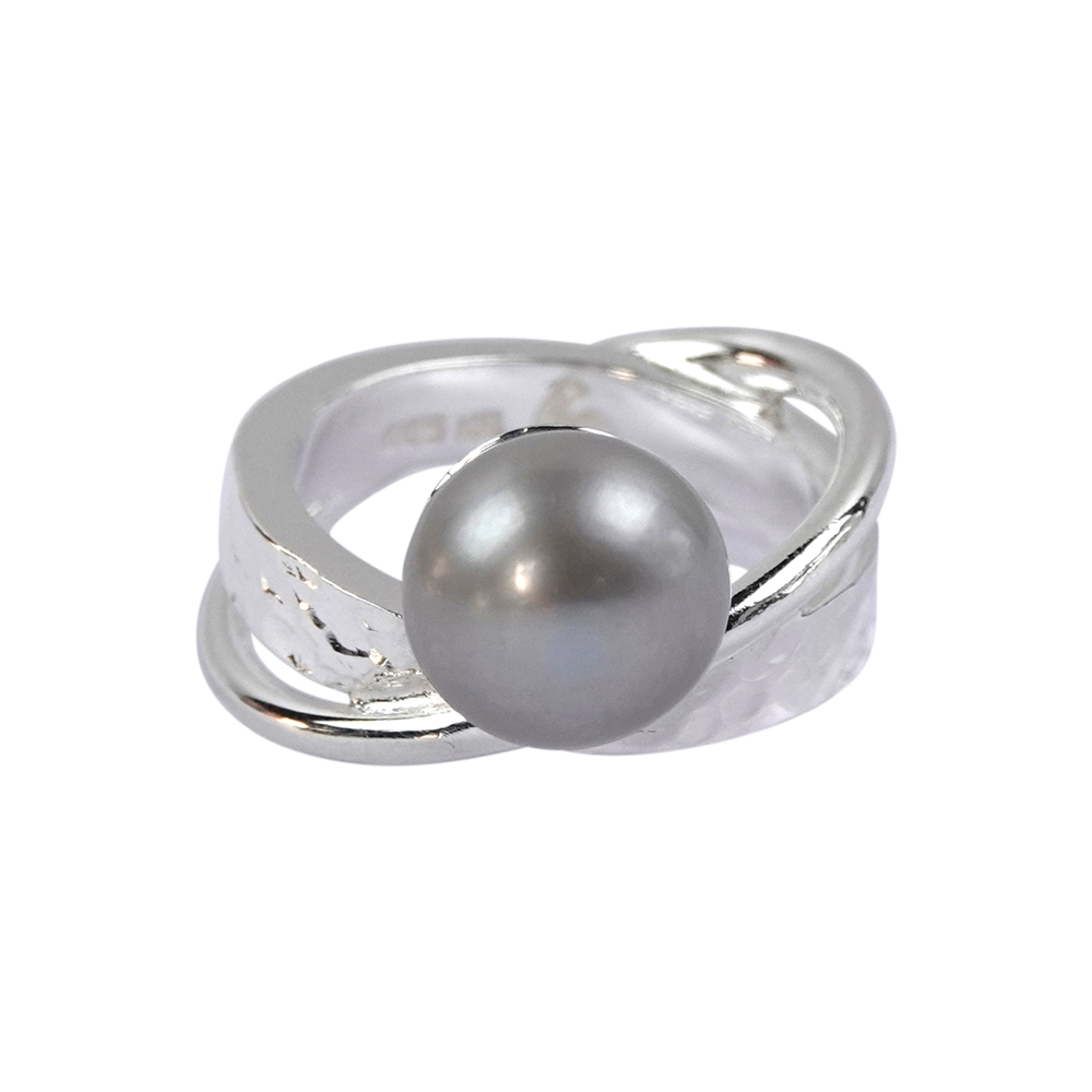 Bague perle grise (10mm), taille 63. double anneau