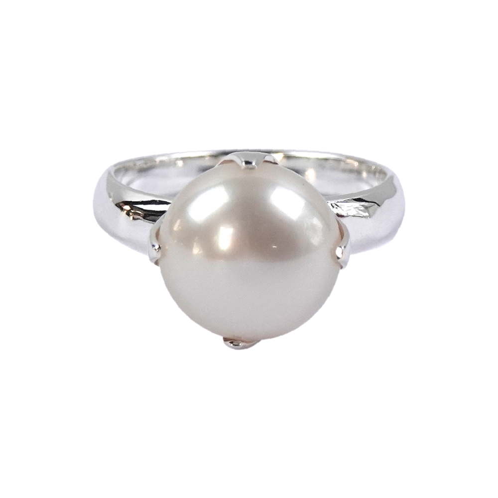 Anello con perla bianca (12 mm), montatura a griffe, misura 53