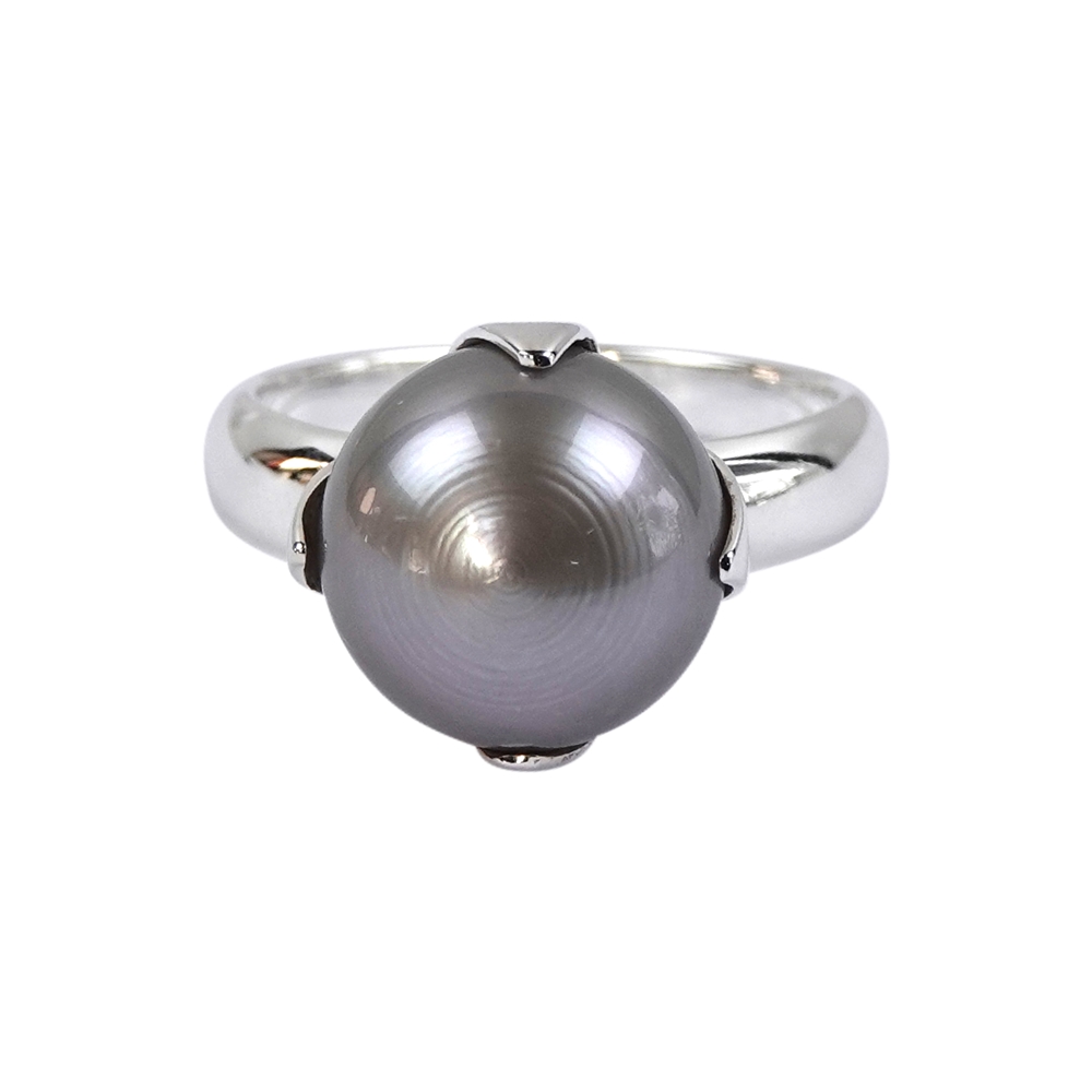 Ring Perle grau (12mm), Zackenfassung, Größe 53