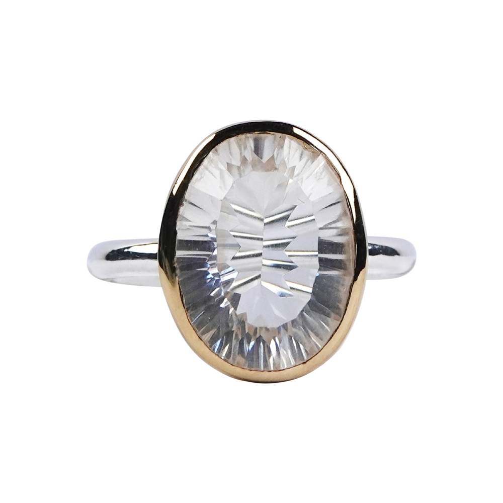 Anello ovale in cristallo di rocca sfaccettato, misura 59, montatura placcata oro 