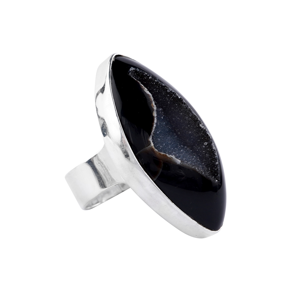Ring Druzy-Achat schwarz (gefärbt), Navette, Größe 57