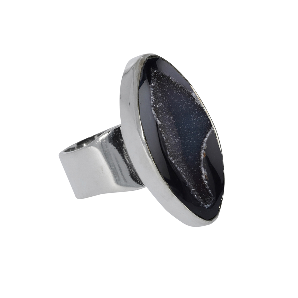 Ring Druzy-Achat schwarz (gefärbt), Navette, Größe 57