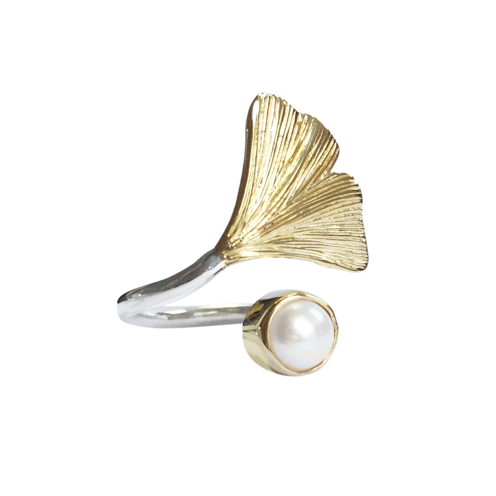 Ring Gingko mit Perle, Größe 59, vergoldet