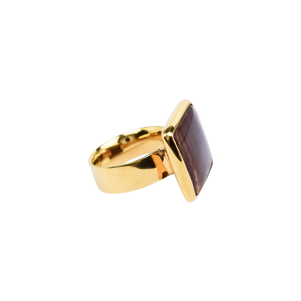 Bague carrée en bois de palmier pétrifié, taille 51, plaquée or