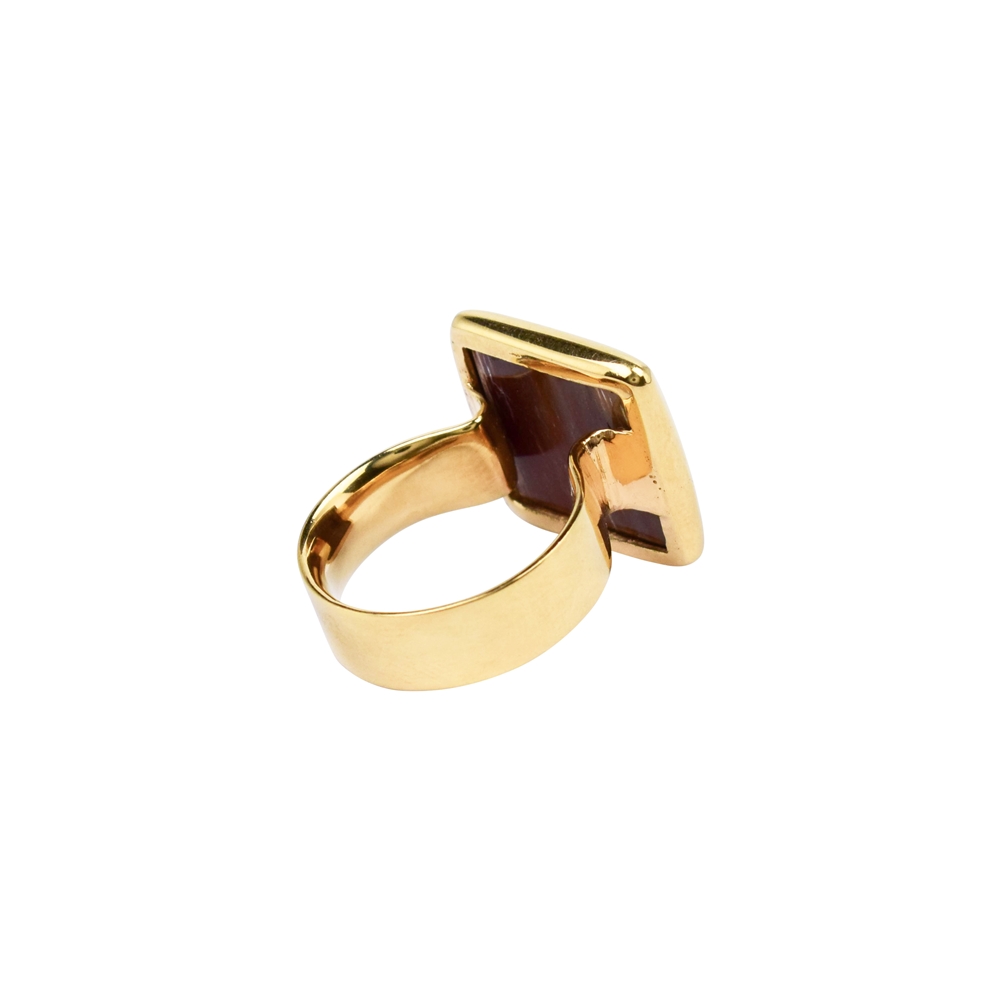 Anillo cuadrado de madera de palma petrificada, talla 51, chapado en oro