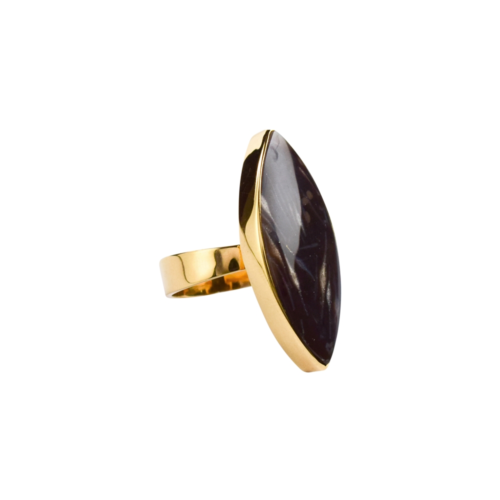 Ring Prärie-Achat (Pflanzenfossil) Marquise, Größe 51, vergoldet