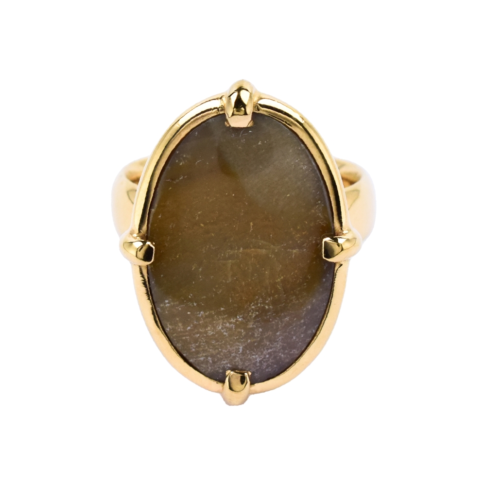 Ring versteinertes Holz Oval, Größe 54, vergoldet 
