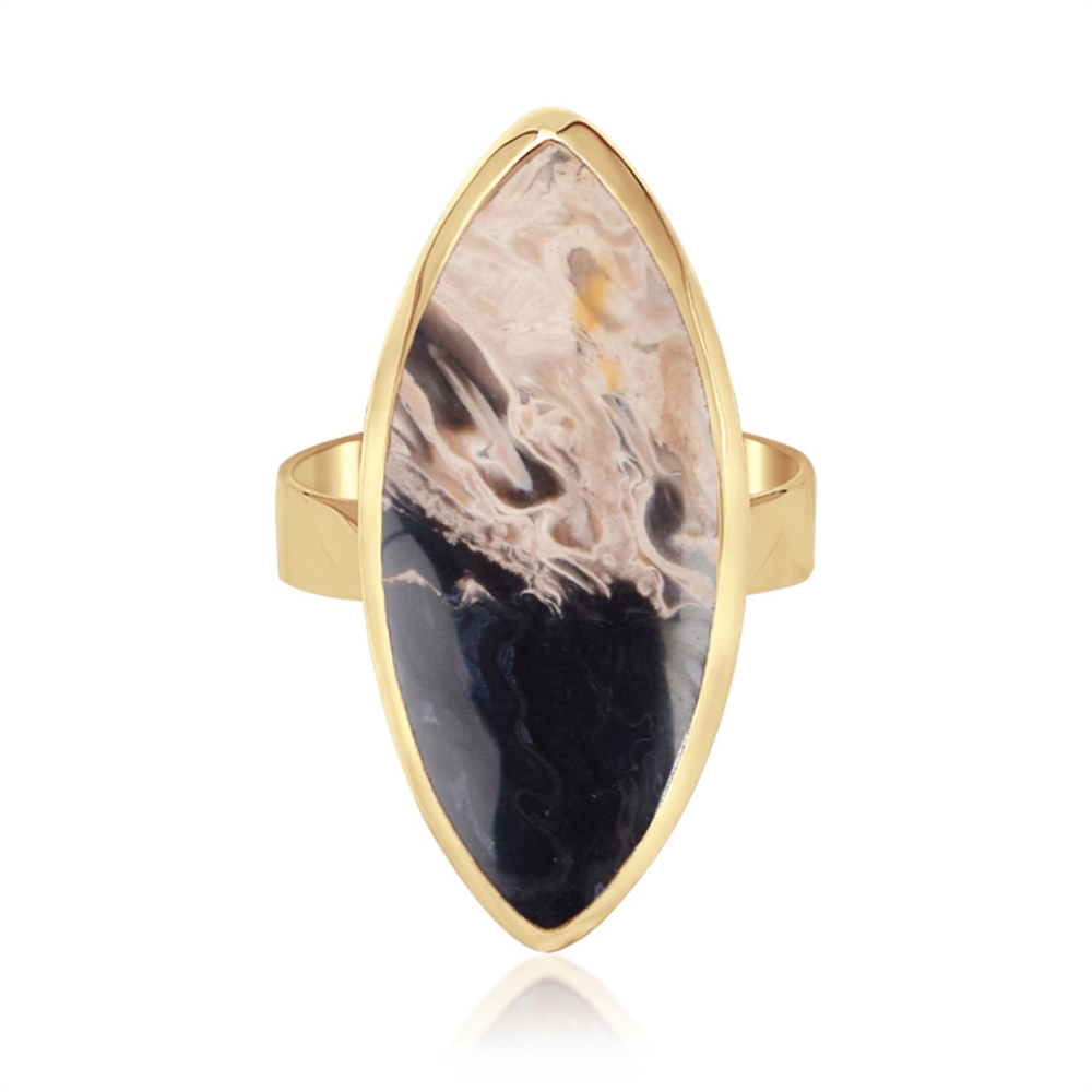 Petrified Palm Wood ring, marquise (30 x 12mm), gold-plated, size 57 (18)