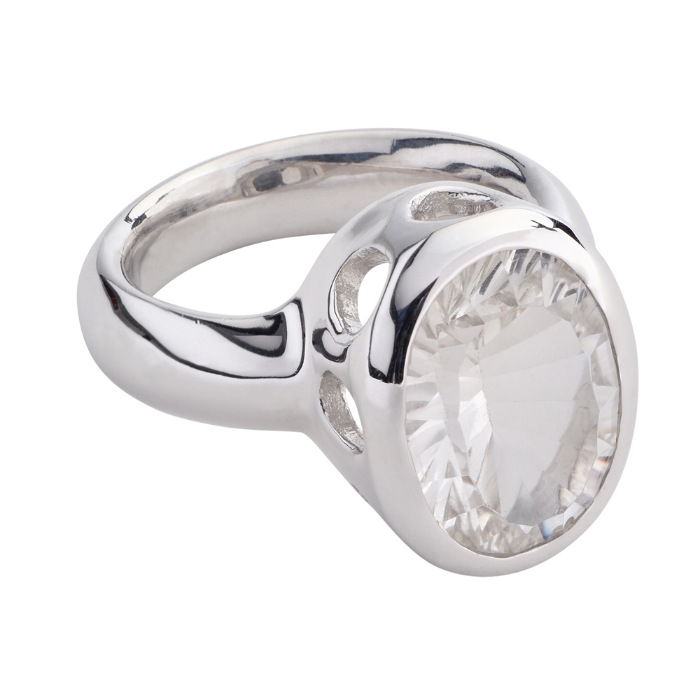 Ring Rock Crystal oval, faceted, size 55, rhodium plated
