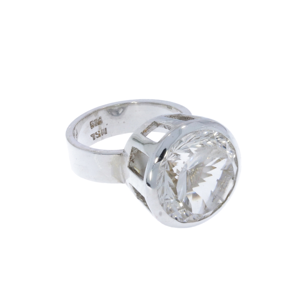 Ring Rock Crystal round, faceted, size 55, rhodium plated