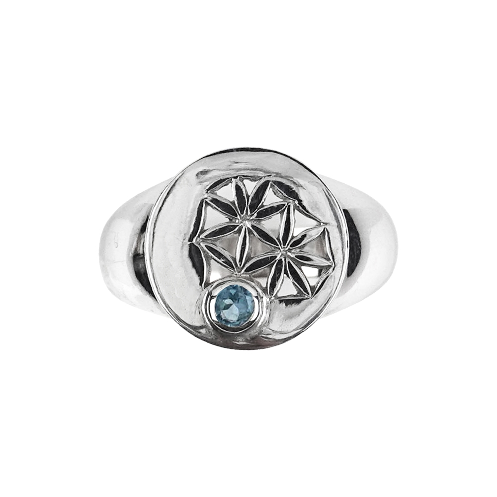 Ring flower motif Topaz (blue), size 61, rhodium plated