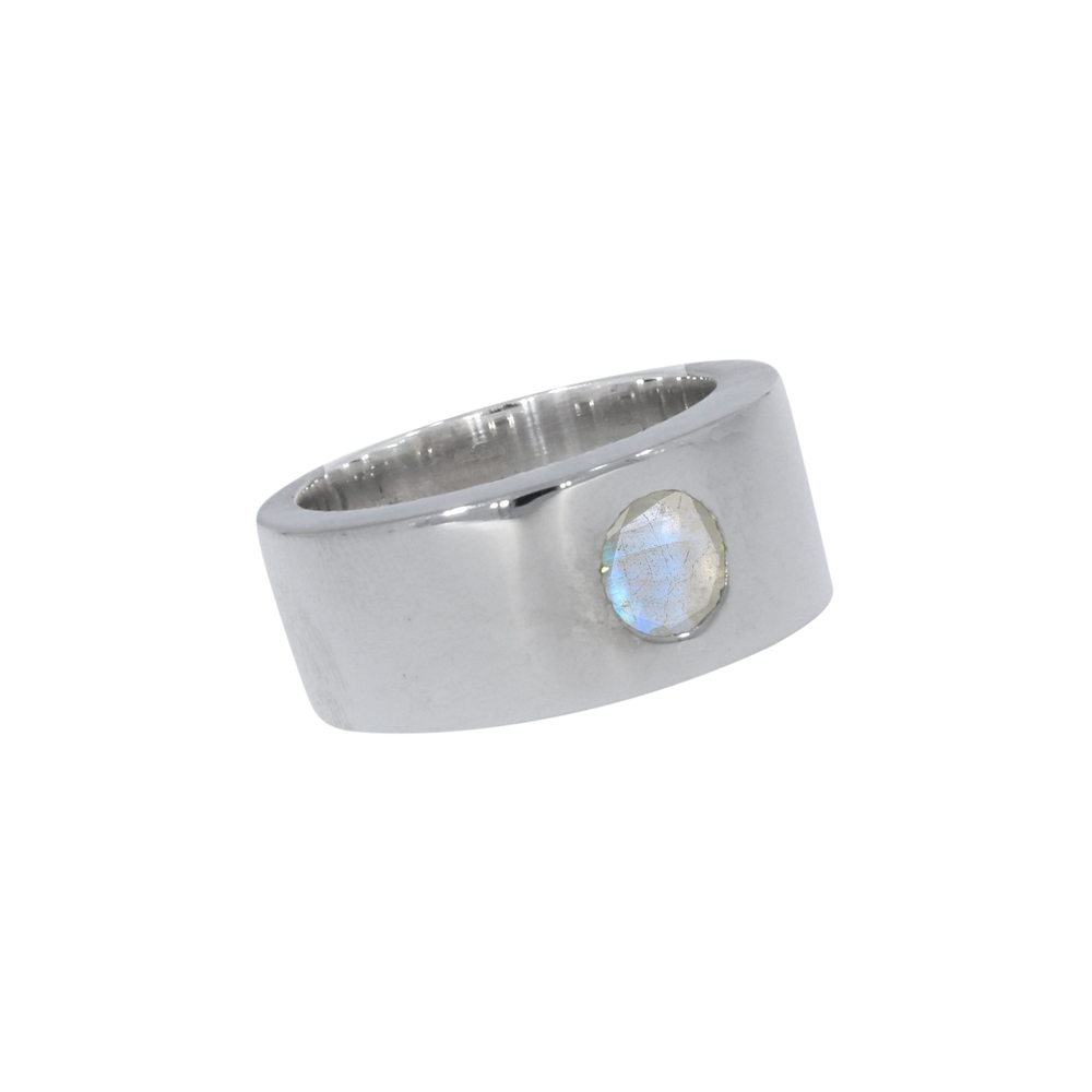 Band ring with labrodorite white (6mm), size 57, rhodium plated