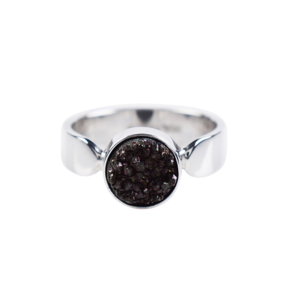 Ring Agate Druzy black (set) round, size 54, rhodium plated