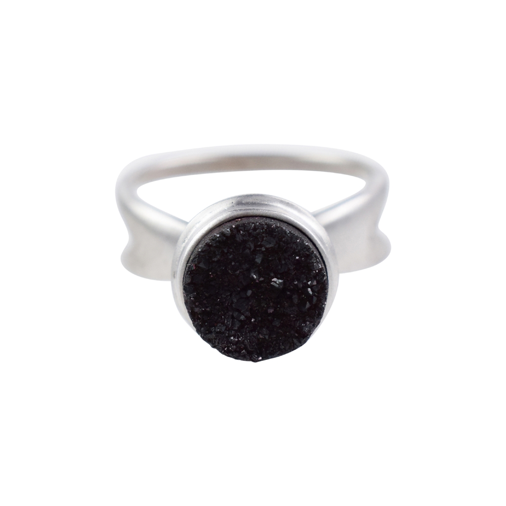 Ring Agate-Druzy black (set) round, size 51, rhodium plated, matted