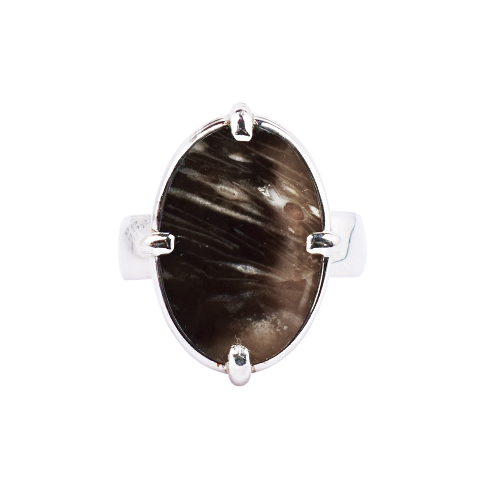 Ring Prärie-Achat (Pflanzenfossil) Oval (20 x 15mm), Größe 54, rhodiniert