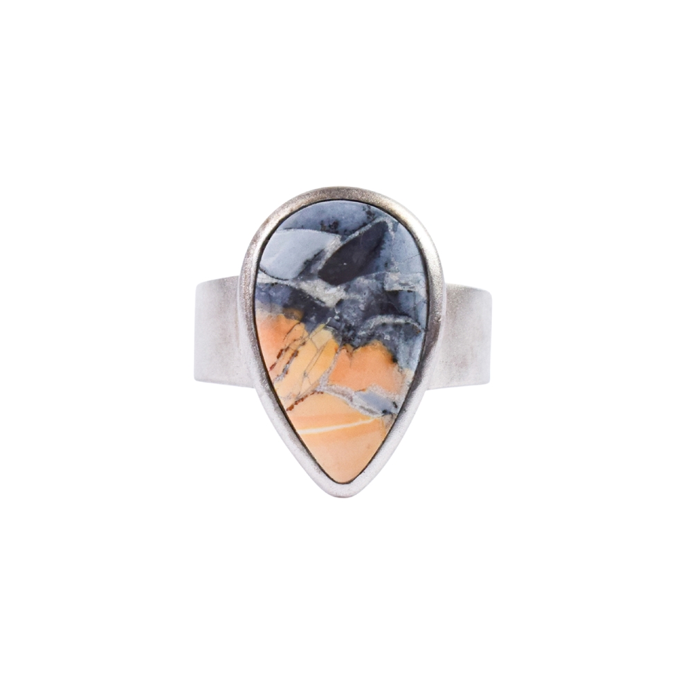 Ring maligano jasper drop, size 57, rhodium plated