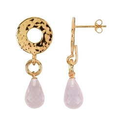 244009210139 Earstud Rose Quartz Briolette, hammered circle, 3.8cm, gold plated | Marco Schreier