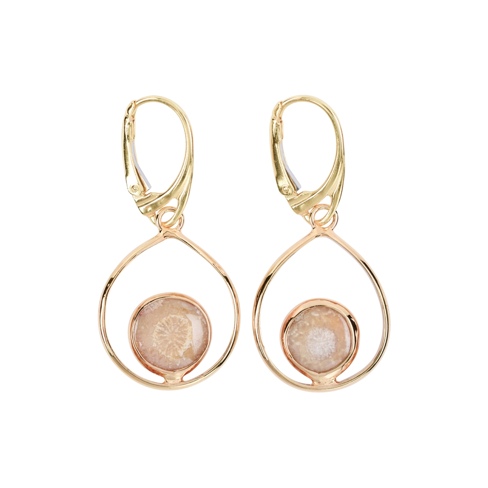 Petrified Coral (10mm) drop earrings, 4.2cm, gold plated