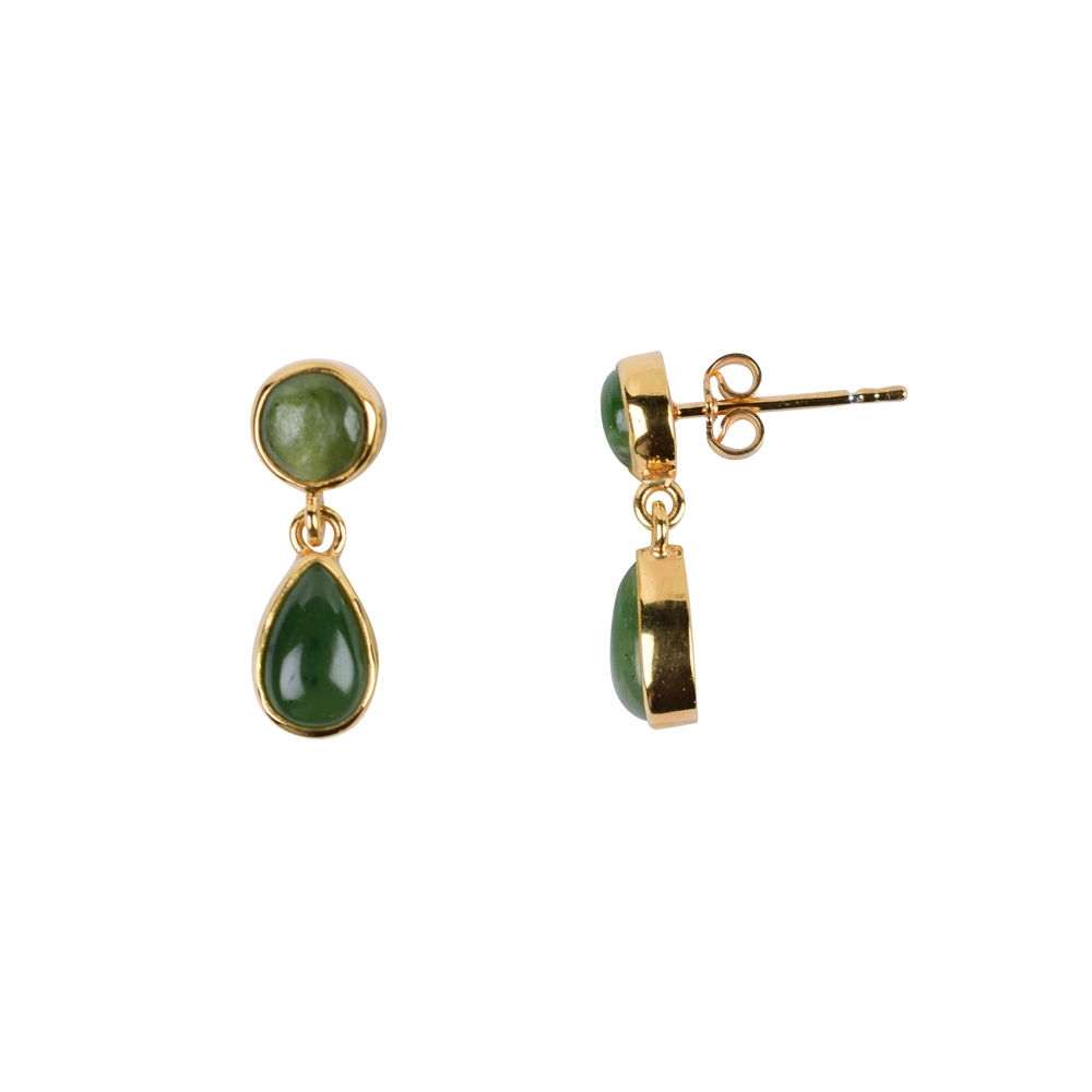 Boucles d'oreilles avec crochets, néphrite-jade, rond/goutte, 2,0cm, doré