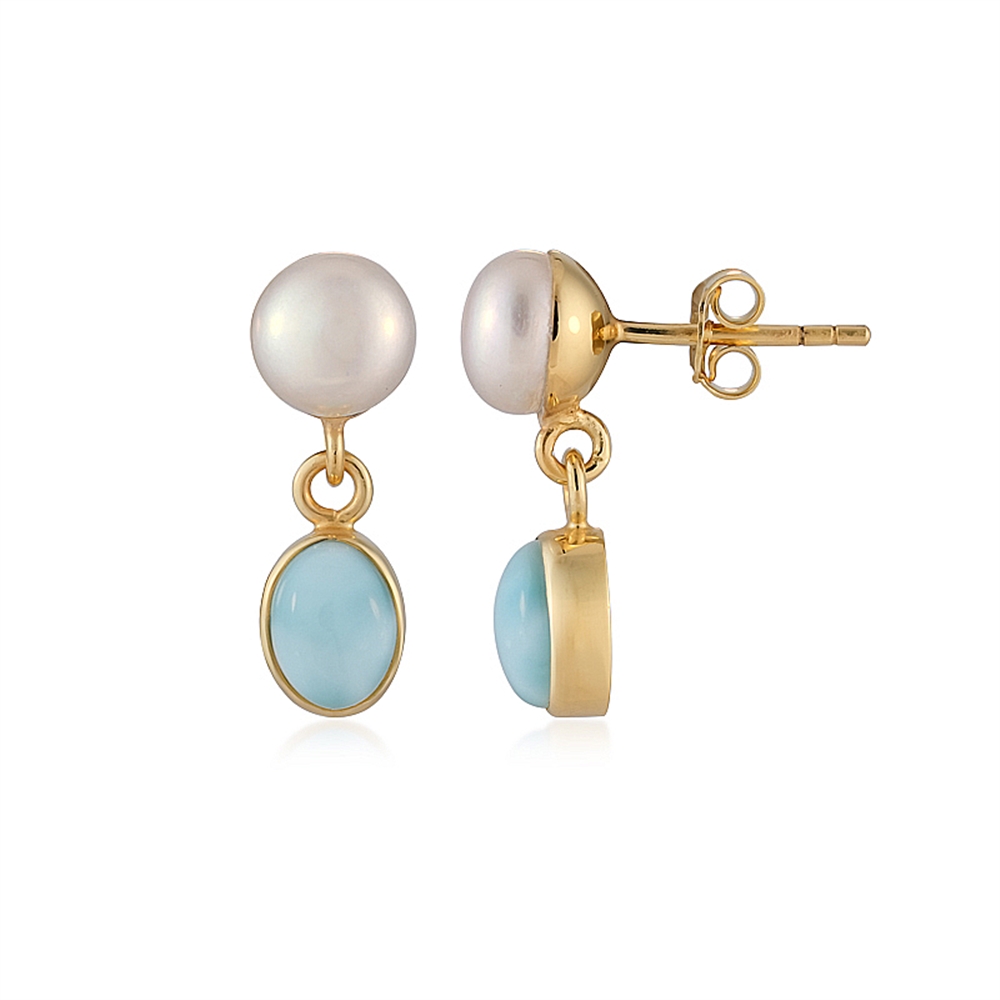 Earstuds Larimar, pearl, oval (7 x 5mm), round (7mm), 1.9cm, gold-plated