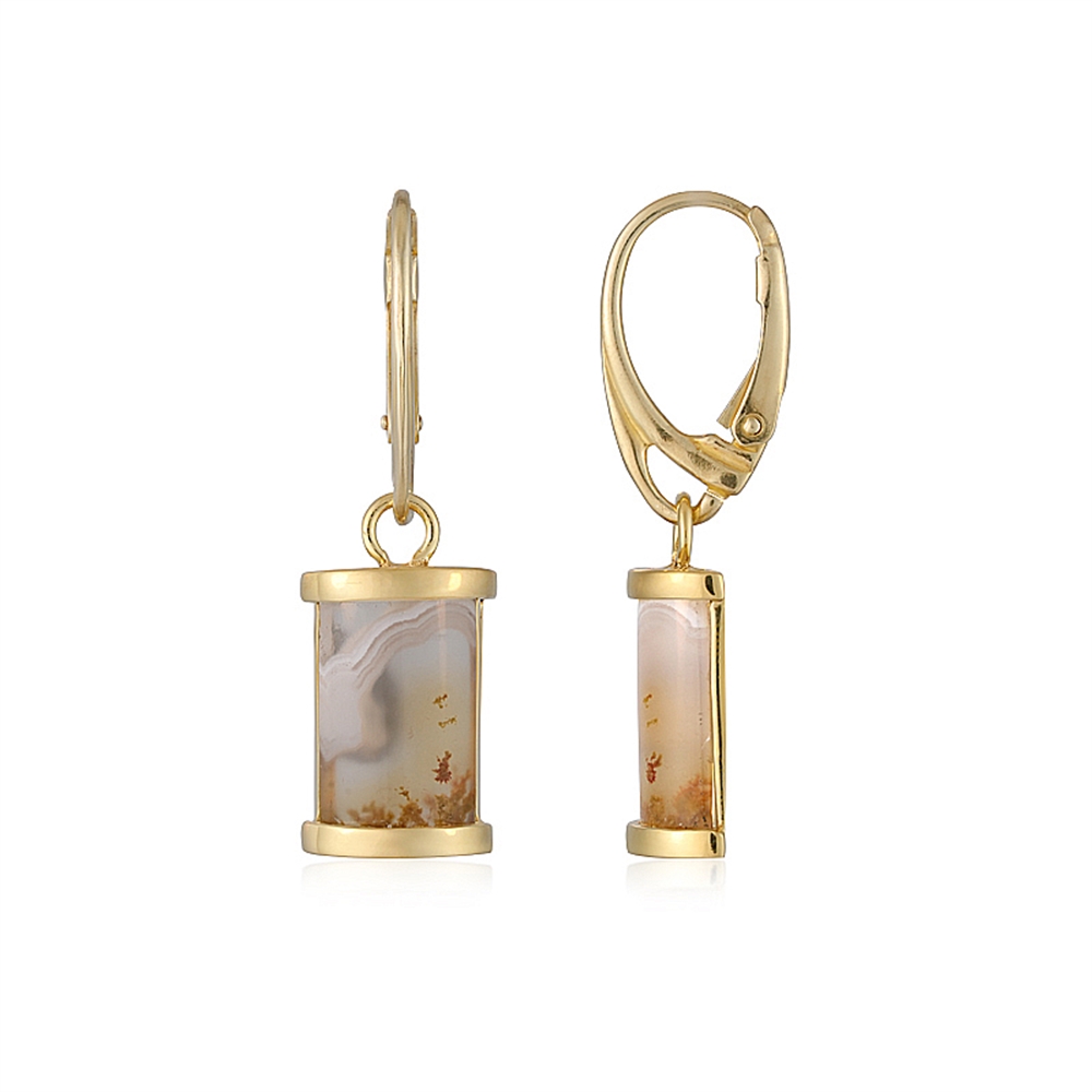 Earrings Moss Agate (yellow), half cylinder (15 7.5mm), 3.0cm, gold-plated