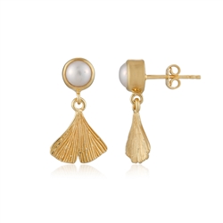 244009240019 Clous d'oreilles feuille de ginkgo, perle (6mm), 2,3cm, doré à l'or fin | Marco Schreier