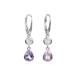 244018210028 Earrings Rose Quartz (round), Amethyst (drop), 4,0cm, rhodium plated | Marco Schreier