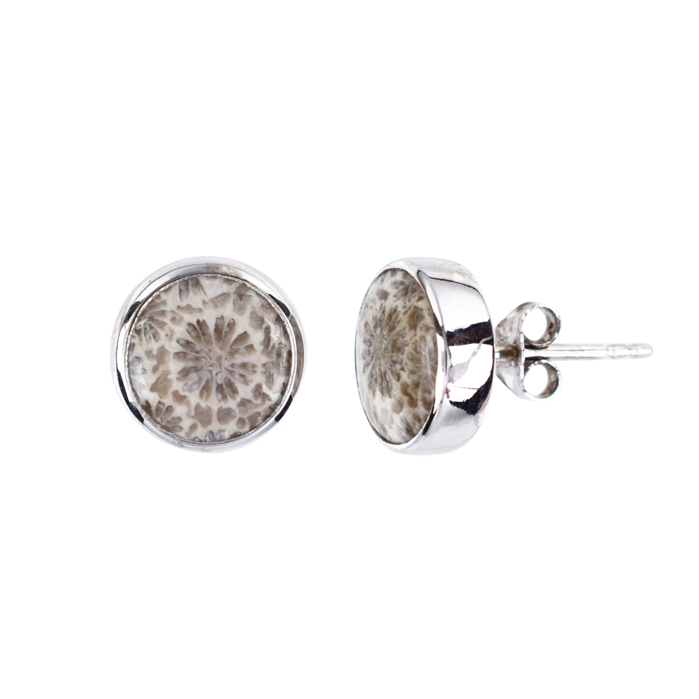 Earstud Petrified Coral (10mm) round, rhodium plated