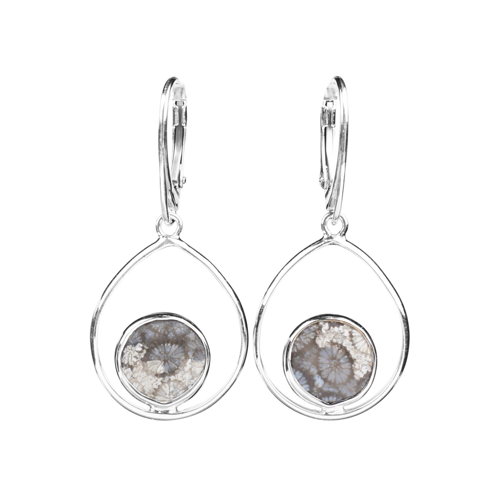Earrings Petrified Coral (gray) circle in drops, 4.3cm, rhodium plated