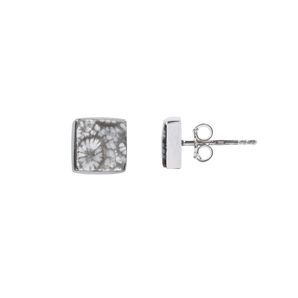 Earstud Petrified Coral (grey) square, 1,0cm, rhodium plated