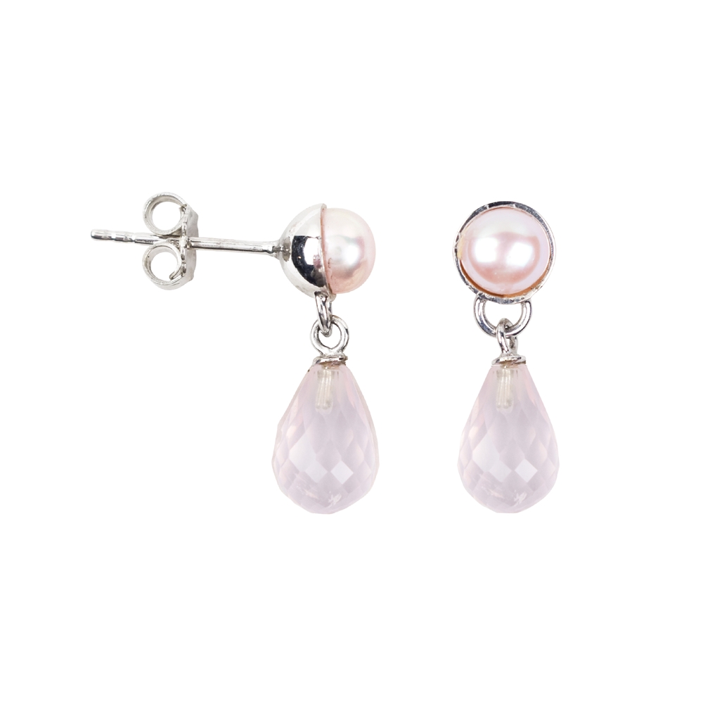 Clous d'oreilles Quartz rose-Briolette, perle, 2,2cm, rhodié