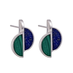 244018220373 Earstud Malachite, Lapis Lazuli half oval (11 x 5mm), 1,9cm, rhodium plated | Marco Schreier