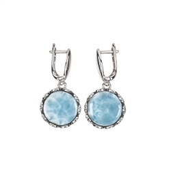 244023210461 Earrings Larimar round (14mm) with flower setting, 3,6cm, platinum plated | Marco Schreier