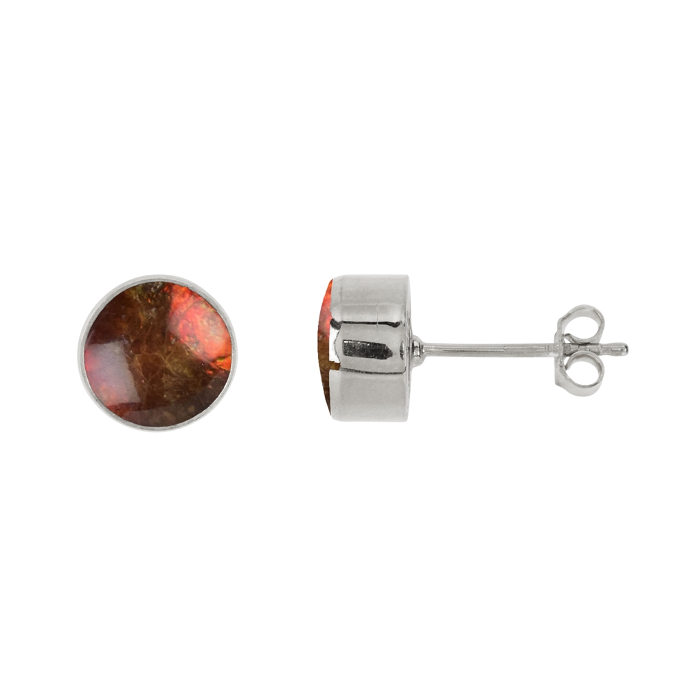 Clous d'oreilles Ammolite ronde (8mm) rouge-orange, 0,9cm, platiné