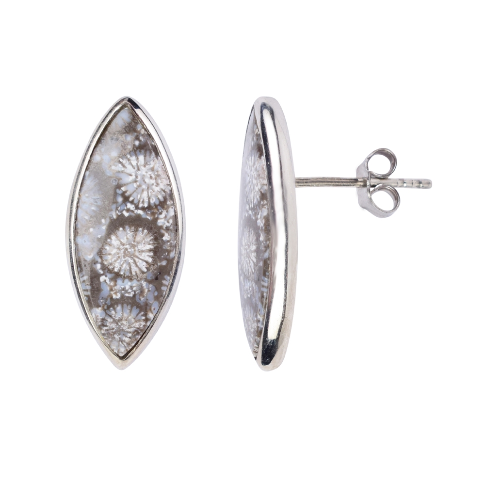 Earstud Petrified Coral (gray) Marquise, 2.2cm, platinum plated